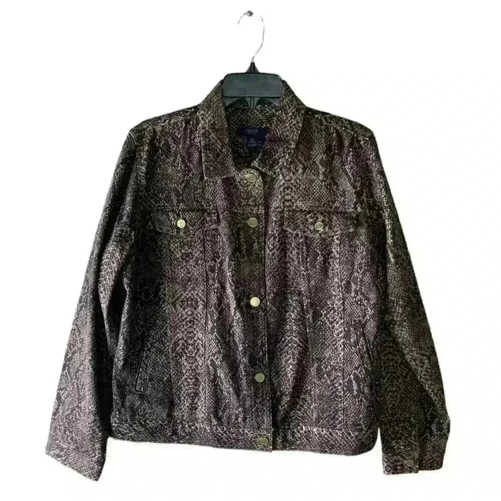 Chaps Snakeskin Animal Print Jean Jacket Front Button Pockets Size Extra Large